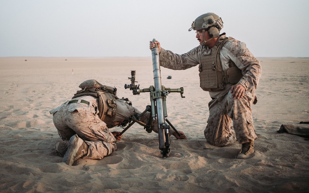 Bravo Co, BLT 1/1 fire mortars in Kuwait