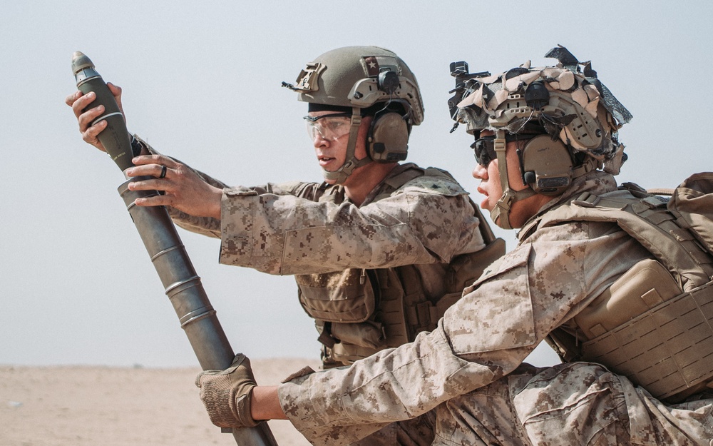 Bravo Co, BLT 1/1 fire mortars in Kuwait