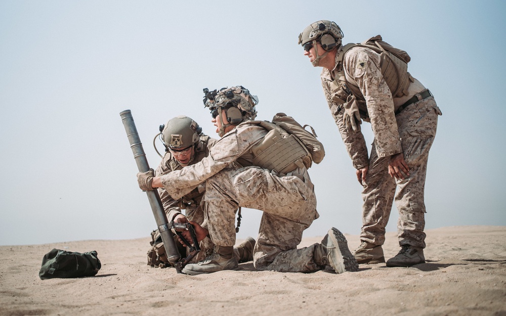 Bravo Co, BLT 1/1 fire mortars in Kuwait