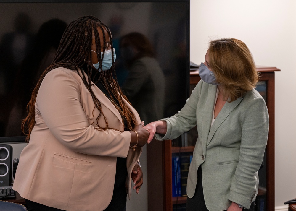 Deputy Secretary of Defense Hicks visits with members of the Comptroller Afghanistan team