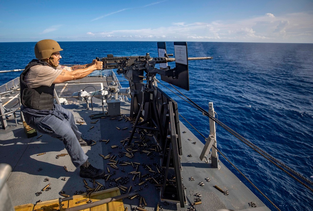 USS Billings Sailor Fires a .50-Caliber Machine Gun During a Live-Fire Exercise