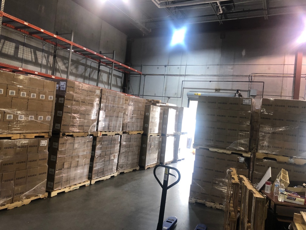 Pallets of coffee, unloaded and ready
