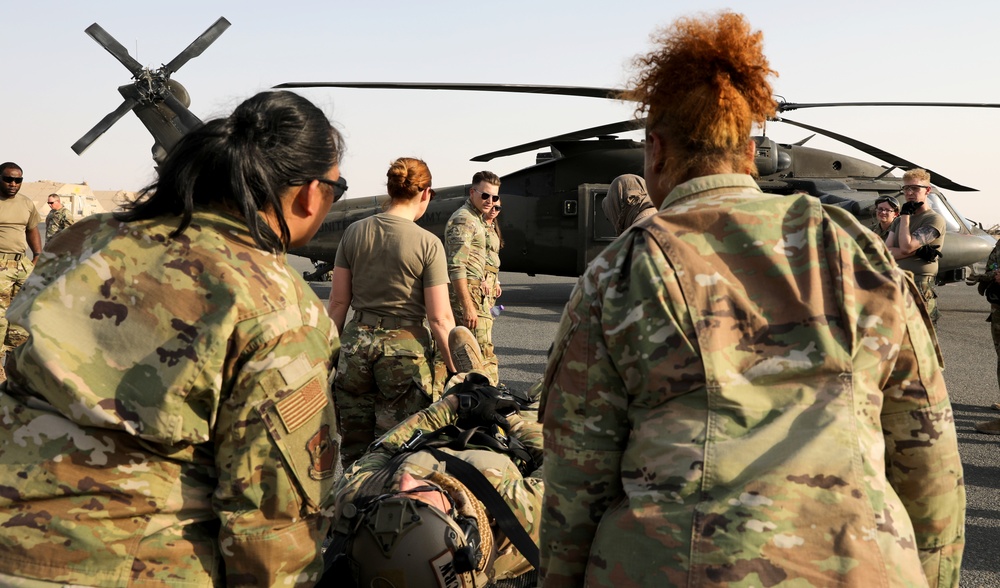 Task Force Raptor medics conduct hot/cold load training to Airmen at Camp Ali Al Salem