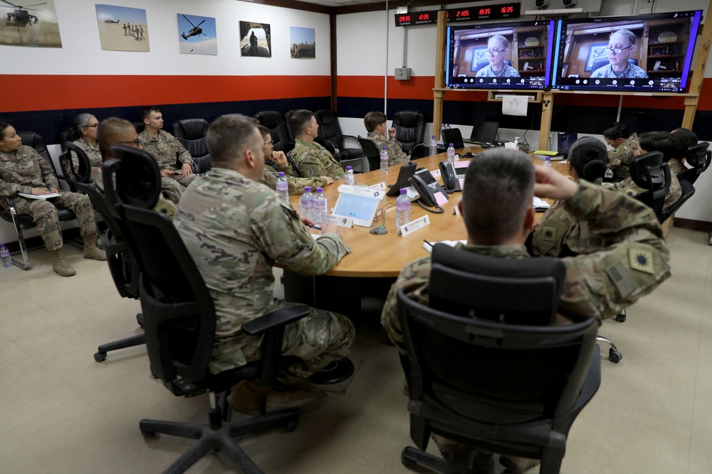 Maj. Gen. Laura Yeager provides mentorship training via Video Teleconference to Task Force Phoenix Soldiers during deployment