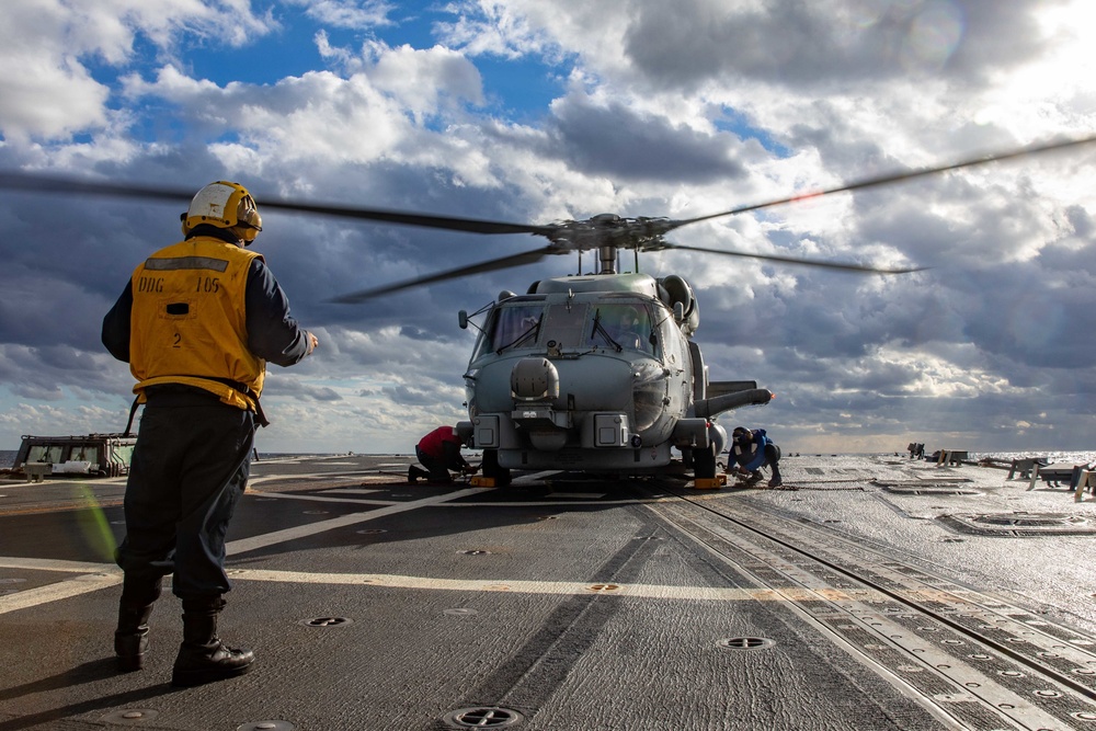 Sailors aboard USS Dewey Conduct Flight Deck Operations with HSM-51
