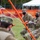 Military personnel in OCP (Operational Camouflage Pattern) uniforms are assembling or erecting a structure using bright orange poles and white rope/guy lines on a grassy field. All visible individuals are wearing black face masks, suggesting this was taken during the COVID-19 pandemic period. A large white tent and orange safety fencing are visible in the background.