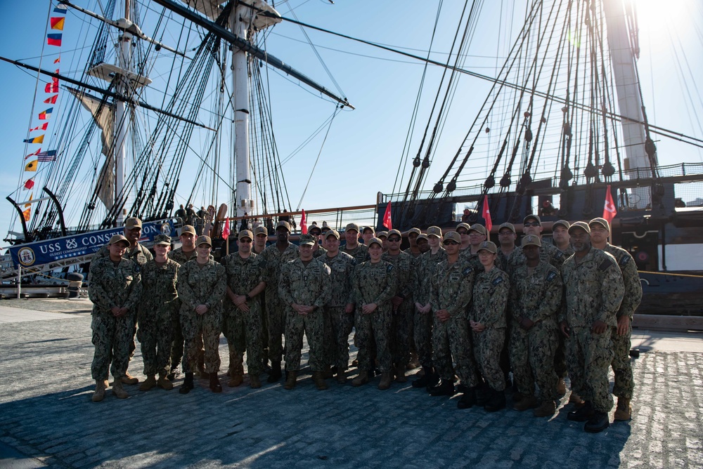 MCPON Russell Smith visits chief petty officer selectees during Chief Heritage Week aboard USS Constitution