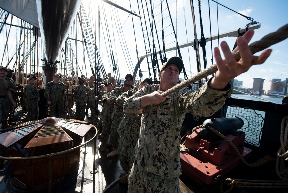 MCPON Russell Smith visits chief petty officer selectees during Chief Heritage Week aboard USS Constitution