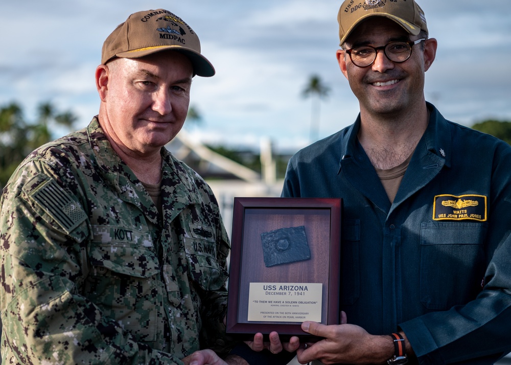 Navy Region Hawaii Commander Presents Arizona Relic to Destroyer Crew