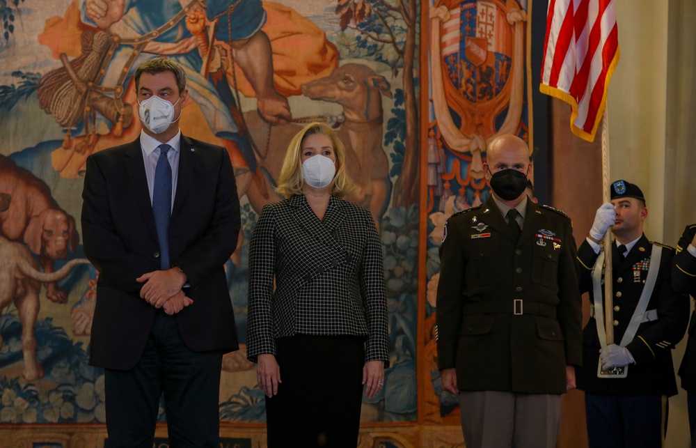 Markus Soeder, the Honorable Christine Wormuth, Gen. Christopher Cavoli Wait to Put Streamers of the U.S Army Europe and Africa Flag for the Bavarian Streamer Ceremony