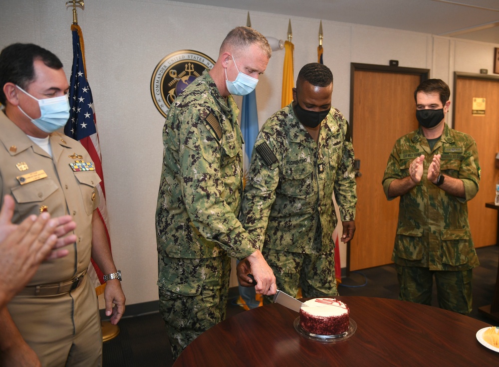 U.S. Naval Forces Southern Command/U.S. 4th Fleet Commander and CMC Cut the Cake to Celebrate the U.S. Navy’s 246th Birthday