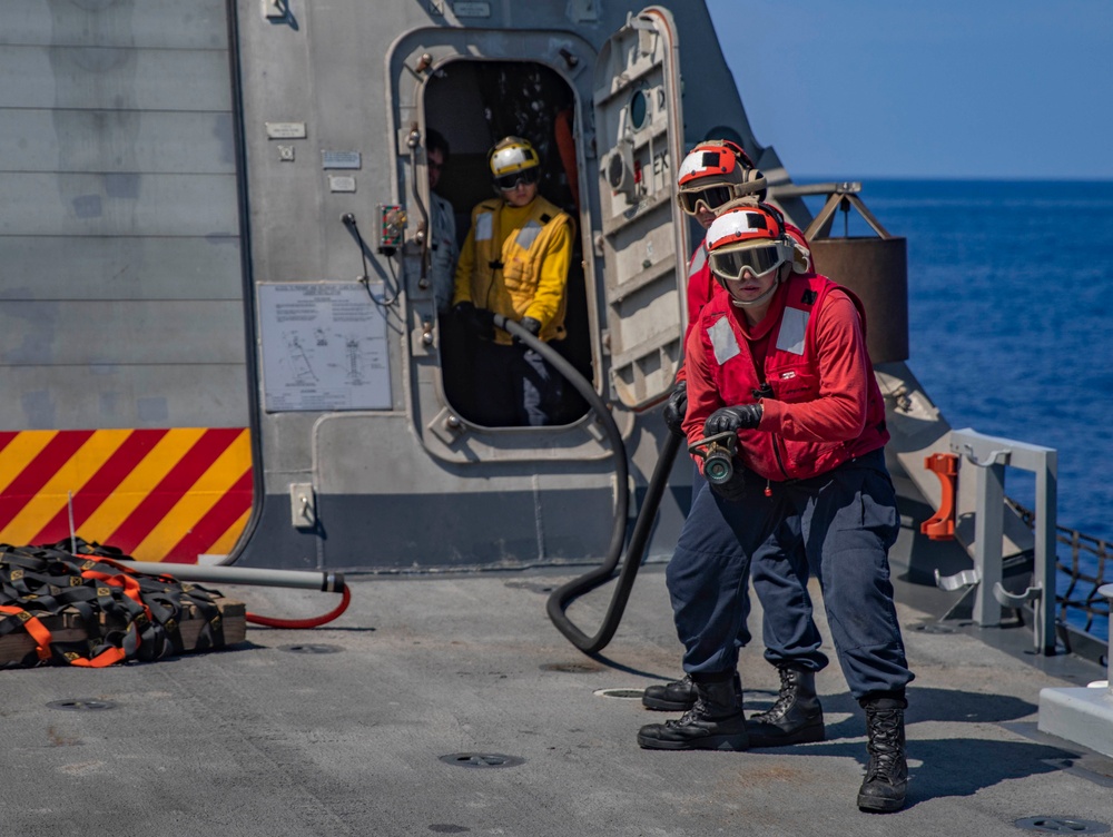 USS Billings Sailors Respond to a Simulated Fire During Crash and Salvage Drill