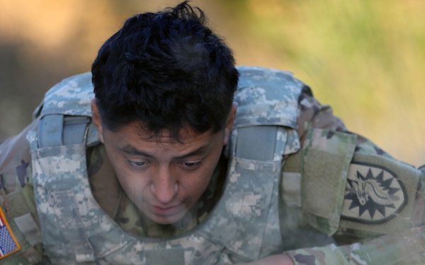 A U.S. Army soldier in ACU/multicam camouflage uniform is lying prone in a field, intently studying what appears to be a map or document. The soldier is wearing a tactical vest and has a U.S. flag patch on the left shoulder along with a unit patch on the right shoulder. The setting appears to be an outdoor training environment with dry grass and vegetation in the background.