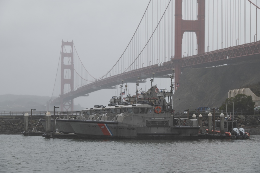 Three 47-foot Motor Lifeboats are shown moored up at Coast Guard Station Golden Gate
