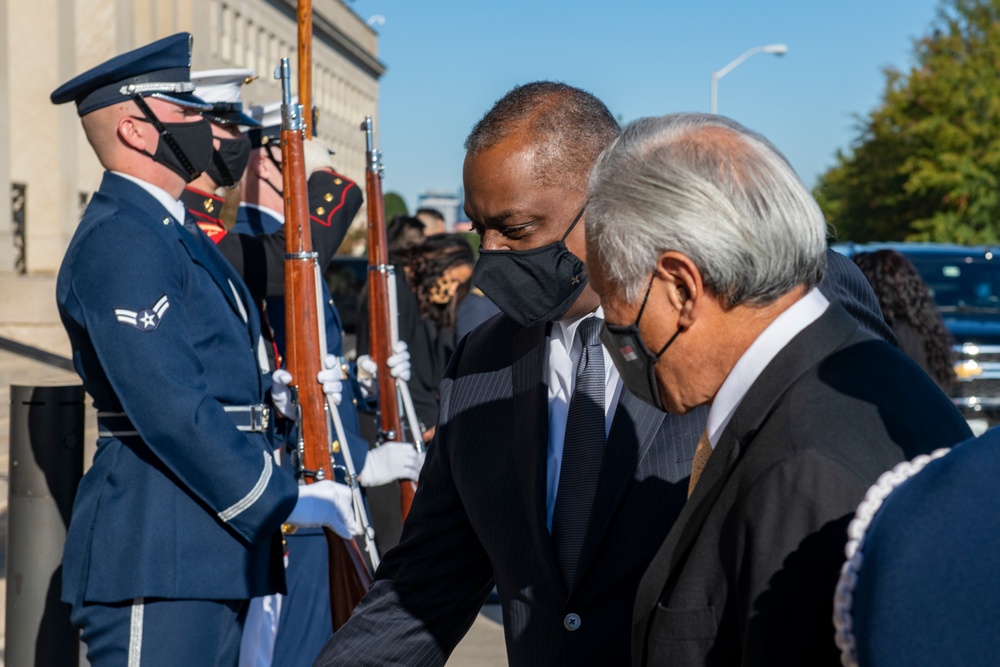 Secretary of Defense Lloyd J. Austin III hosts a bilateral exchange.