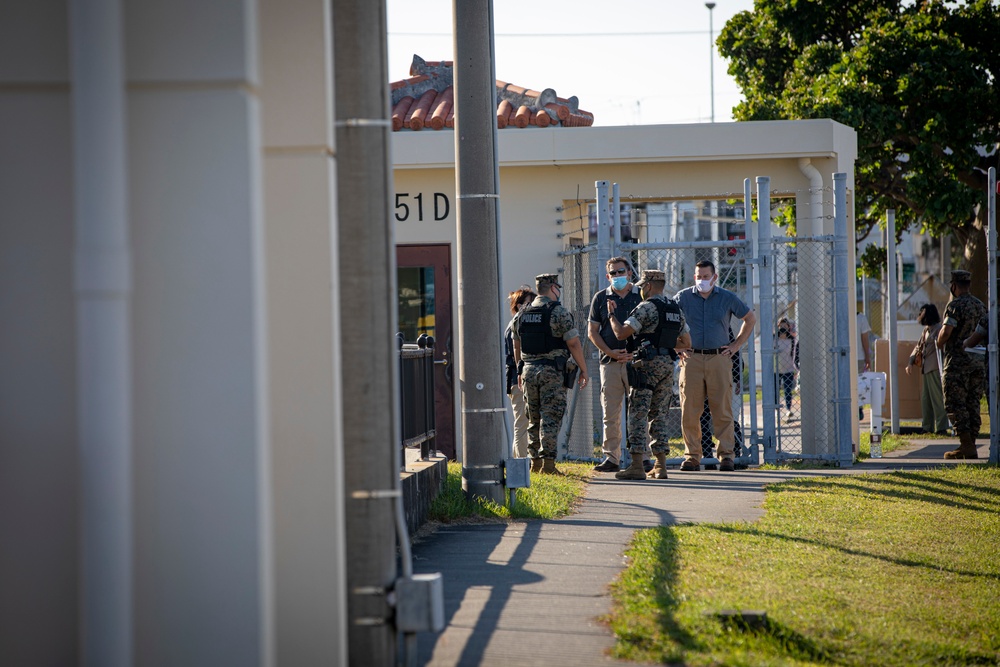 US Marines and local community residents participate in a Tsunami Evacuation Drill