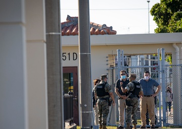 US Marines and local community residents participate in a Tsunami Evacuation Drill