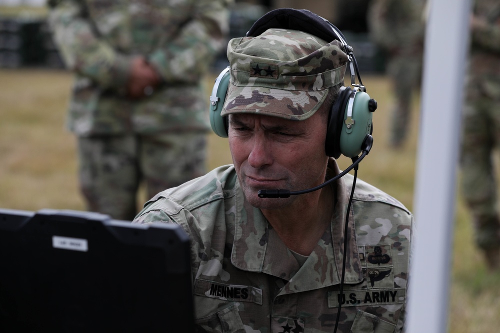 U.S. Army Maj. Gen. Brian Mennes, the Deputy Commanding General of the XVIII Airborne Corps, pays a visit to the 35th Signal Brigade