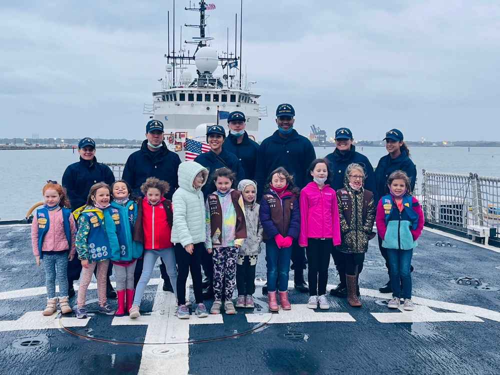 Base Portsmouth command and crew helped Girl Scout Troop 602 earn their Coast Guard Badge in Virginia on Nov. 4, 2021