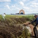 A shoreline clean-up team reapplies sphagnum moss on oiled marsh