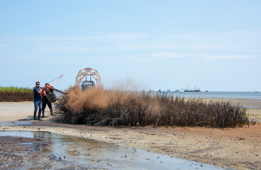 A shoreline clean-up team sprays sphagnum moss