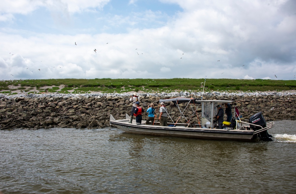 A wildlife and shoreline assessment team surveys for wildlife impacts