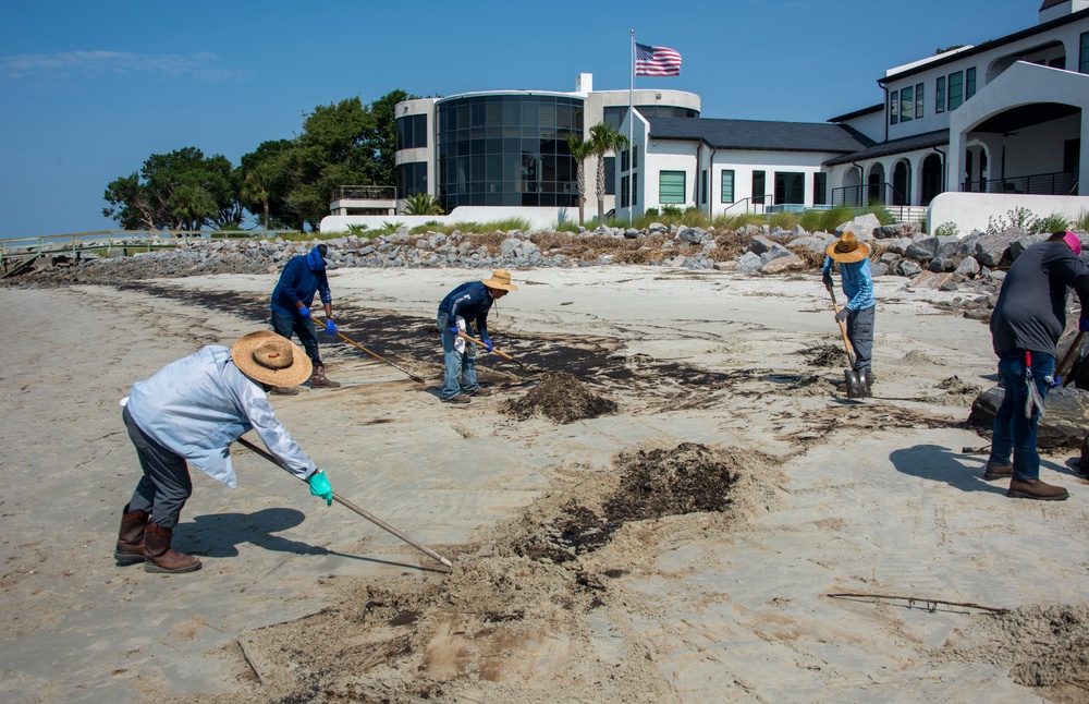 A shoreline clean-up team gathers oiled sand for removal