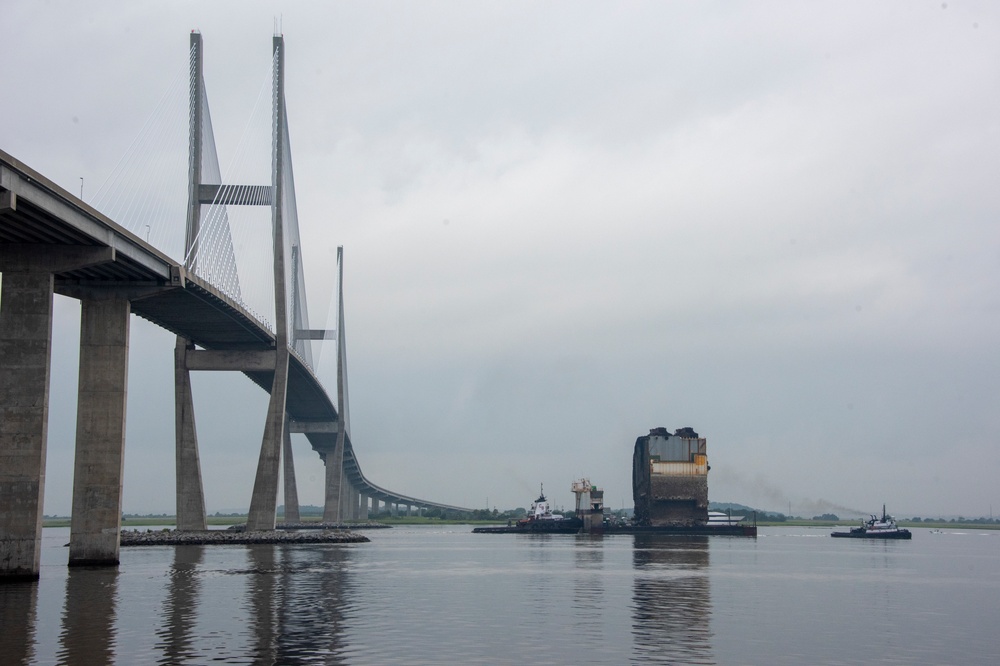 Section Three transits under the Sidney Lanier Bridge