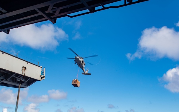 USS Carl Vinson (CVN 70) Conducts VERTREP with USNS Yukon (T-AO 202)