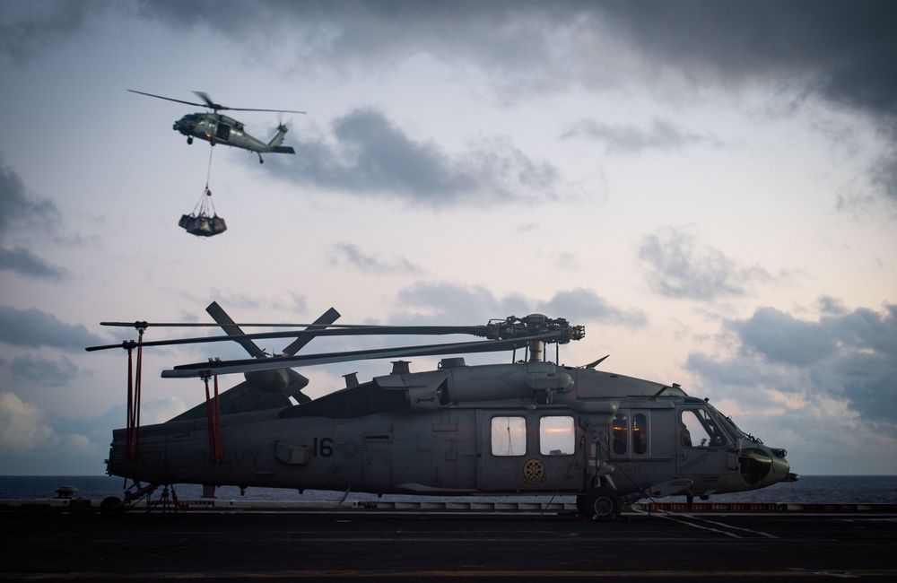 USS Carl Vinson (CVN 70) Conducts VERTREP with USNS Yukon (T-AO 202)