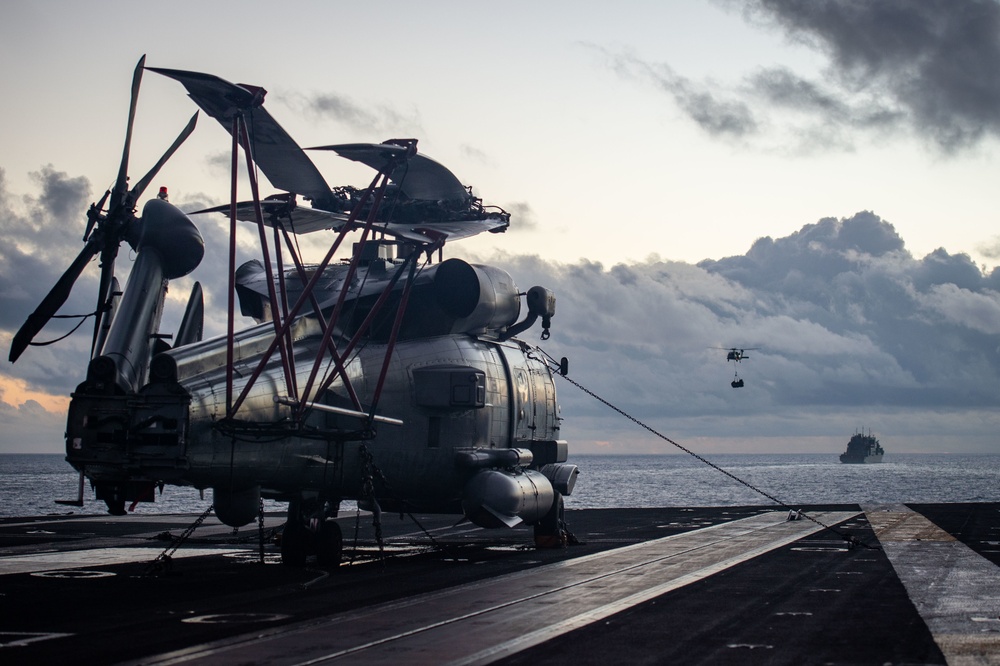 USS Carl Vinson (CVN 70) Conducts VERTREP with USNS Yukon (T-AO 202)