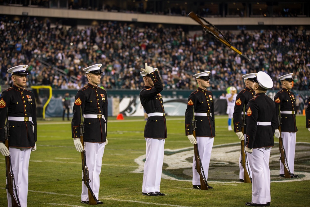 Marines with the Silent Drill Platoon perform during a halftime show at Lincoln Financial Field in Philadelphia