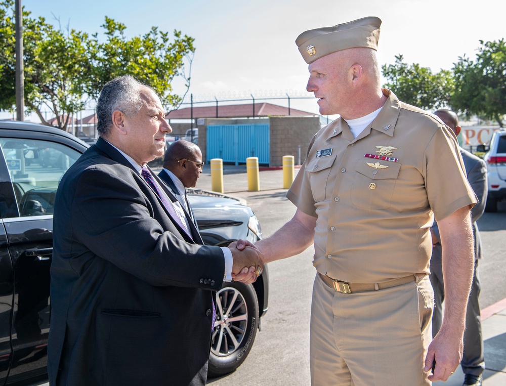 Secretary of the Navy Carlos Del Toro meets with Capt. David Markle, deputy commander, Naval Special Warfare Command, during a visit to Naval Special Warfare (NSW) commands in the San Diego area.