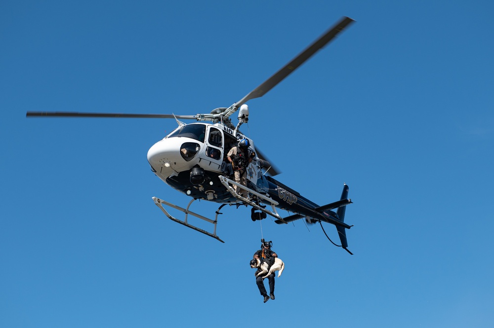 Federal Protective Service member is hoisted with his K9