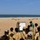 A military training or briefing session is taking place on a sandy beach with the ocean visible in the background. An instructor in olive/tan military attire is presenting at a whiteboard to a large group of soldiers wearing desert camouflage uniforms and helmets. A second individual in a green vest and black cap stands near the whiteboard, possibly serving as a translator or co-instructor.