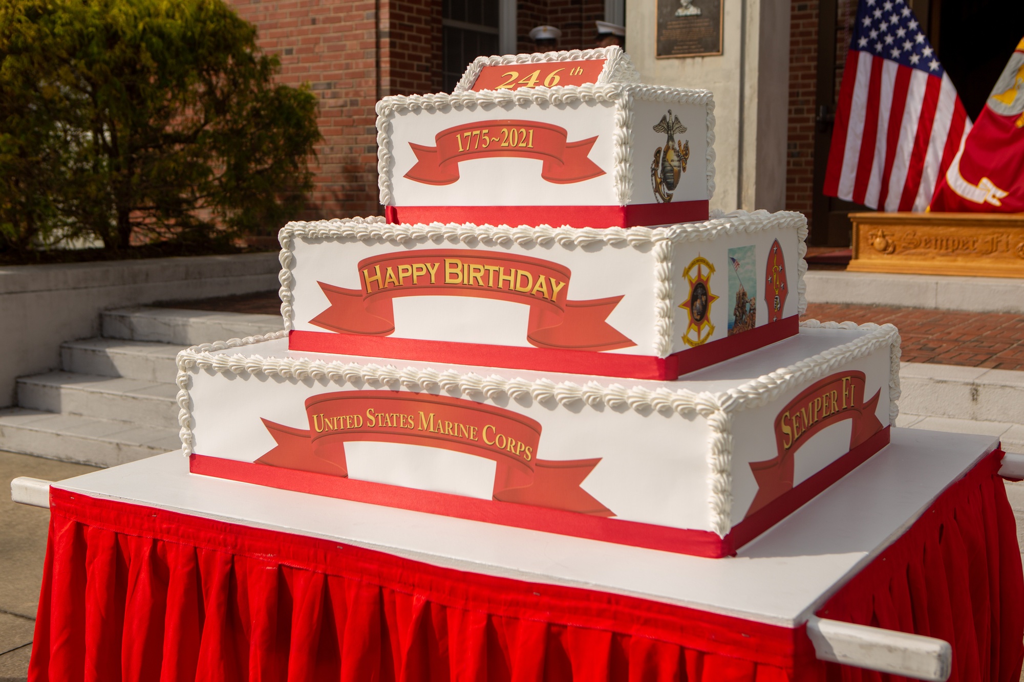 A ceremonial cake rests on a table prior to a cake-cutting ceremony  honoring the Navy's 247th birthday at Marine Corps Recruit Depot San Diego,  Oct. 13, 2022. The central theme of this