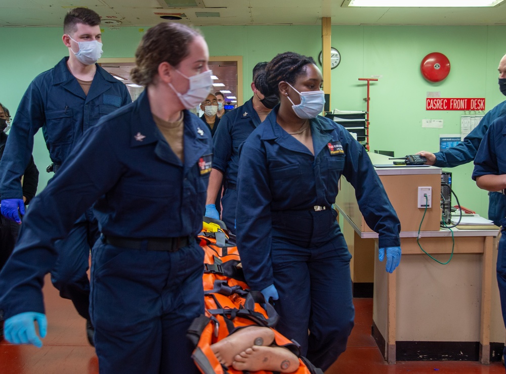 USNS Mercy (T-AH 19) Medical Treatment Facility (MTF) Sailors Transfer a Mock Patient During MERCEX 22-1 Drill