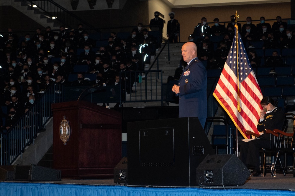 Gen. John W. “Jay” Raymond speaks at the U.S. Naval Academy