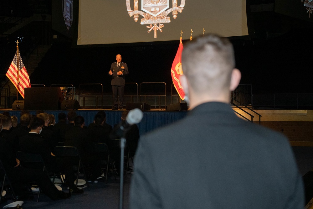 Gen. John W. “Jay” Raymond speaks at the U.S. Naval Academy
