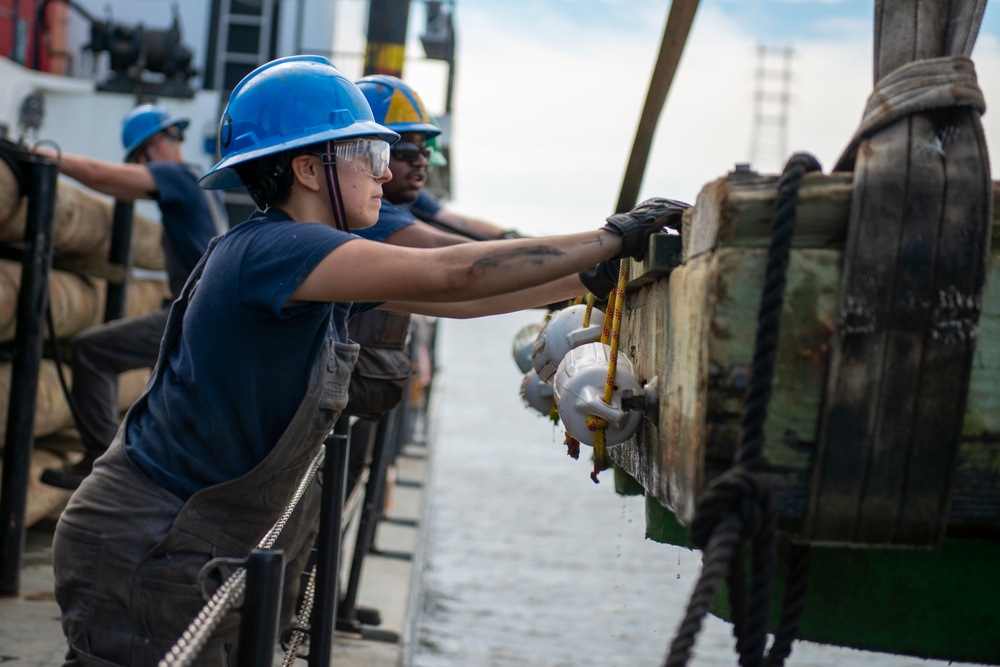 The crew aboard Coast Guard Cutter Pamlico performs a deck evolution