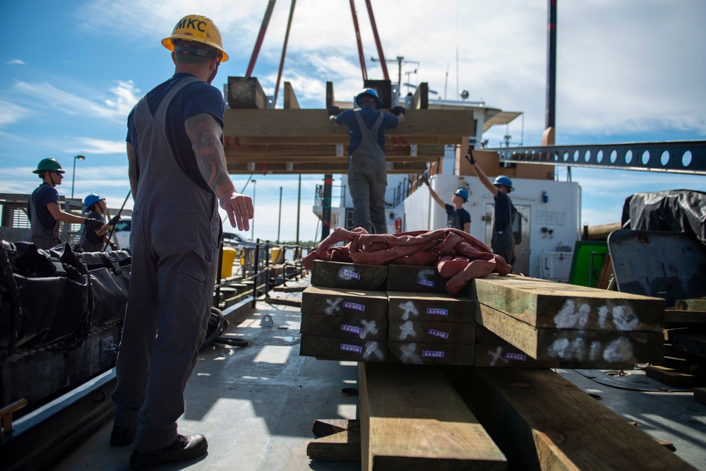 The crew aboard Coast Guard Cutter Pamlico performs a deck evolution