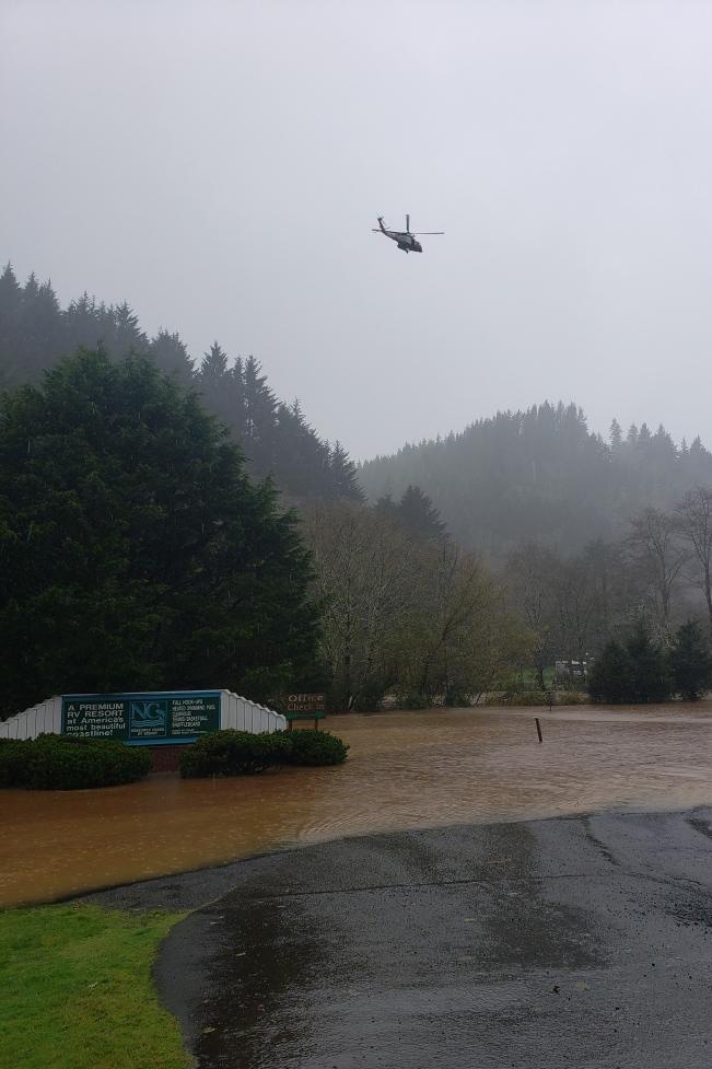 Coast Guard helicopter crews rescue 12 people, 3 dogs from flooding RV park in Tillamook County, OR