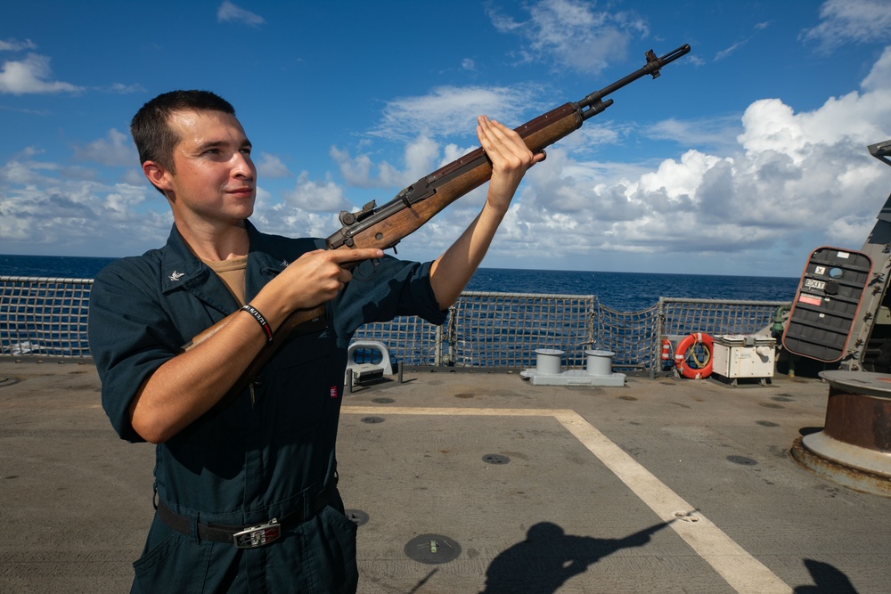 USS Sioux City Sailor Practices Aiming During Rifle Practice