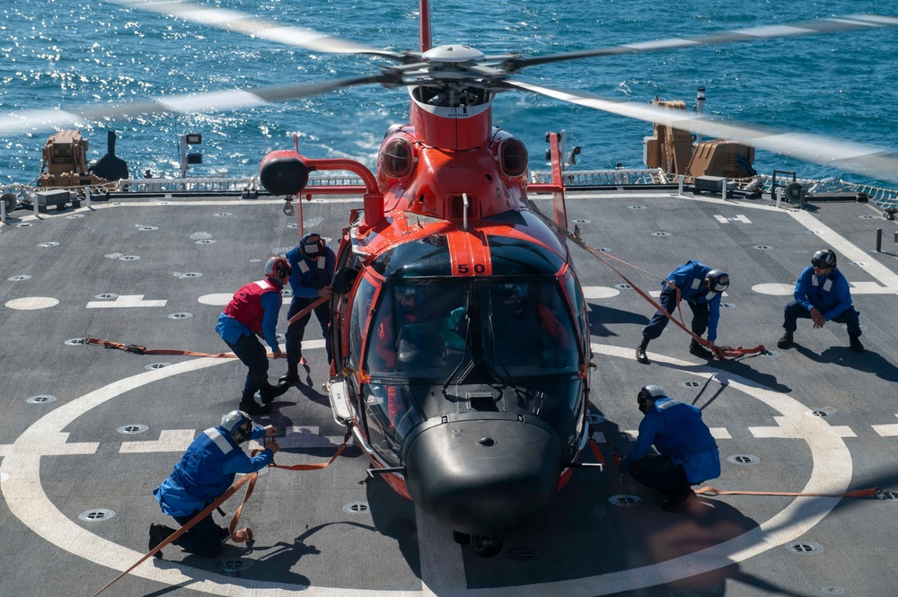 USCGC Stone conducts flight operations with Coast Guard Helicopter Interdiction Tactical Squadron