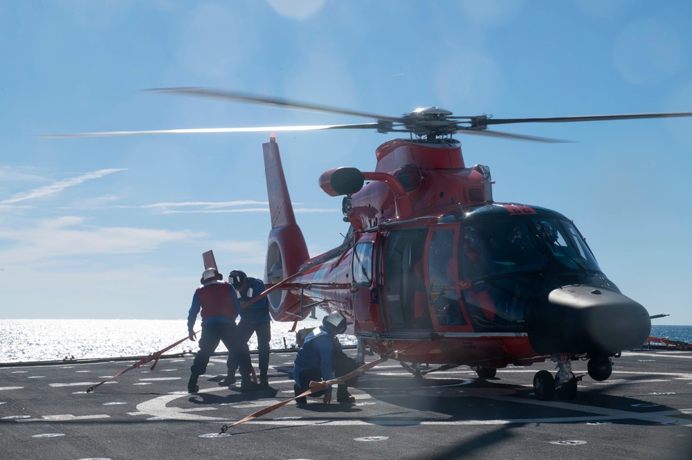 USCGC Stone conducts flight operations with Coast Guard Helicopter Interdiction Tactical Squadron