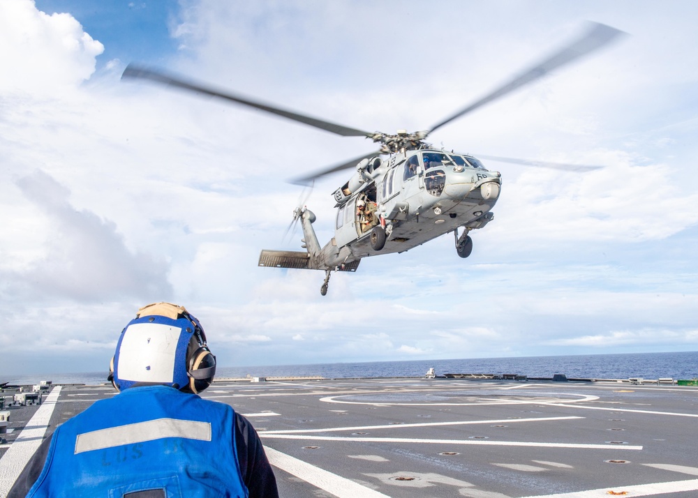 MH-60S Sea Hawk Conduct Flight Maneuver Aboard USS Charleston
