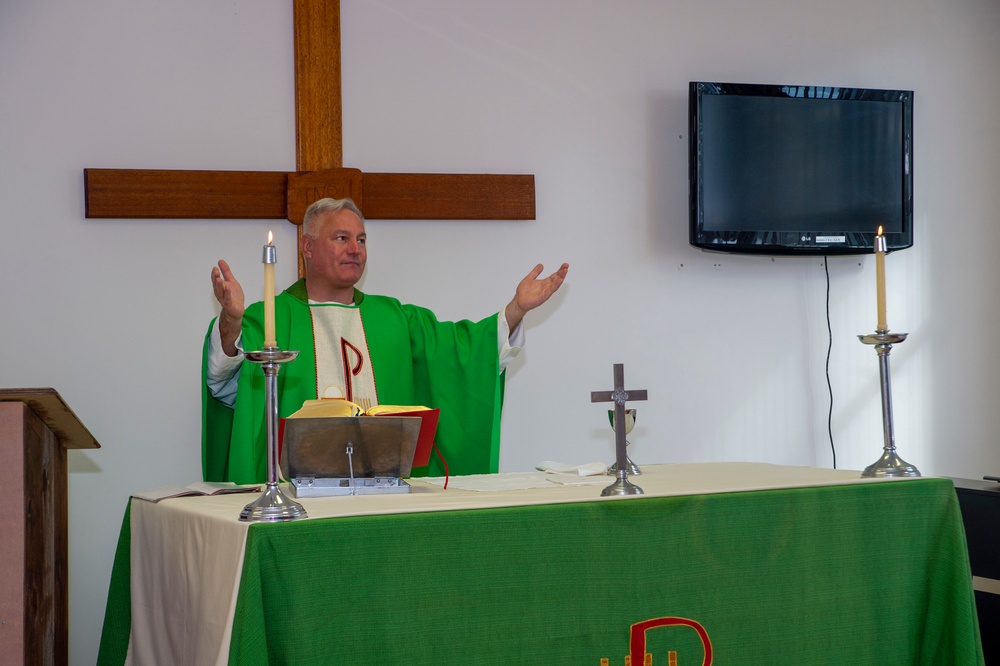 US Navy Chaplain holds Catholic Mass for Seabees with NMCB-5