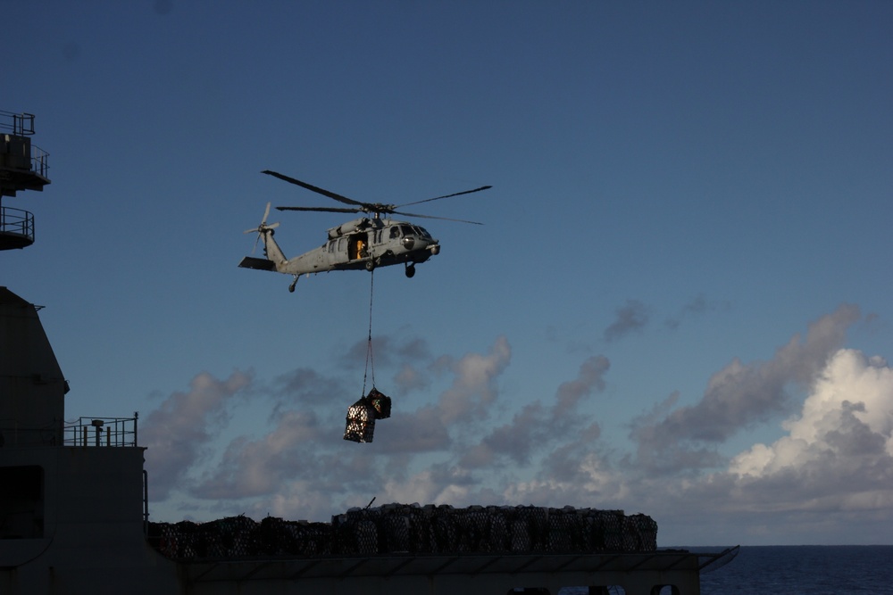 USS Lake Champlain conducts replenishment-at-sea in Philippine Sea