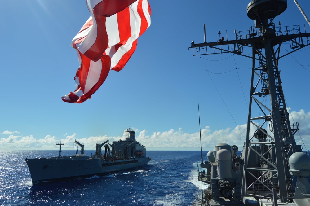 USS Lake Champlain conducts replenishment-at-sea in Philippine Sea