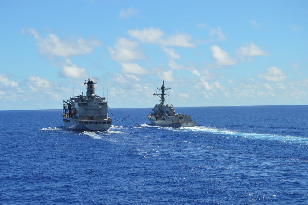 USS Lake Champlain conducts replenishment-at-sea in Philippine Sea